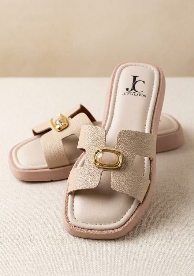Rasteirinha Feminina JC Calçados com Detalhe Dourado – Bege